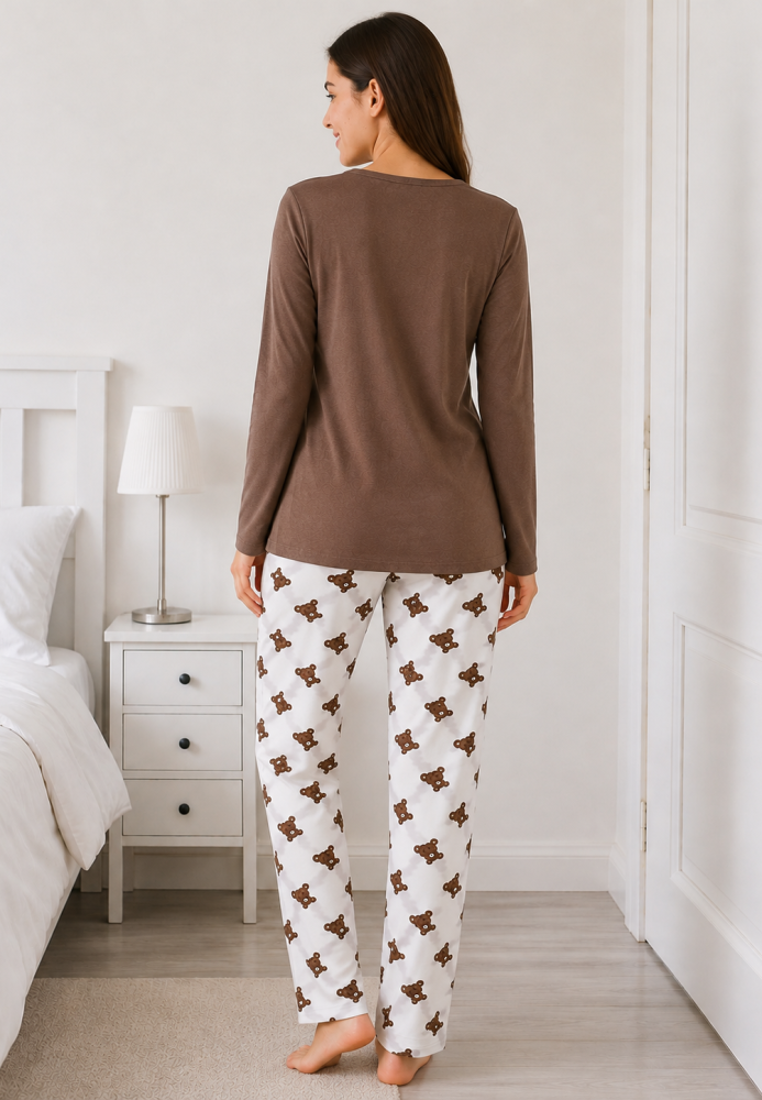 Pijama damă Serena bluză cu maneca lunga și pantaloni lung -Maro ,Engros